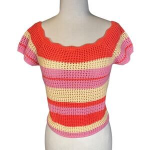 Y2K NWT Cottagecore Crochet Striped Pink Coral Cream Scoop Neck Short Sleeve L
